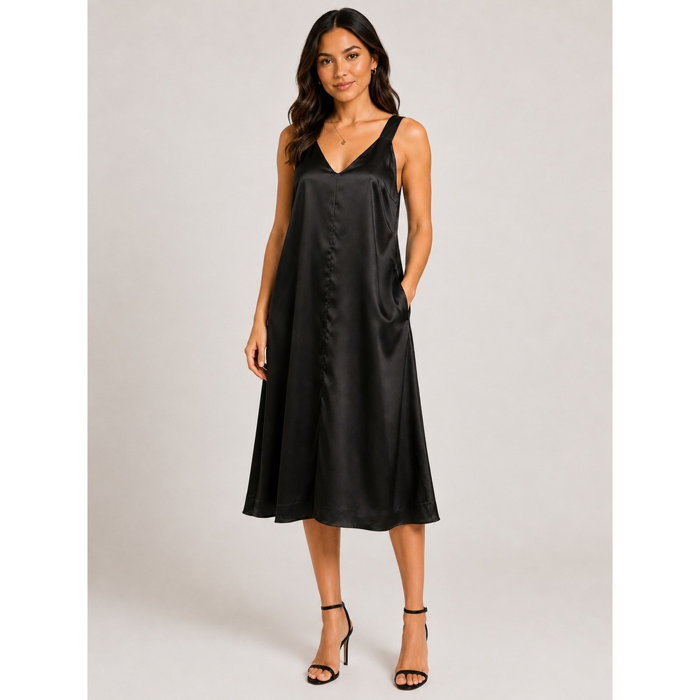 Topshop Satin Midi Dress Womens 2 Black NEW Ribbon Tie Back V-Neck Cocktail